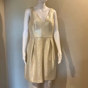 White House Black Market Gold Jacquard Geo Tulip Dress, sz 10